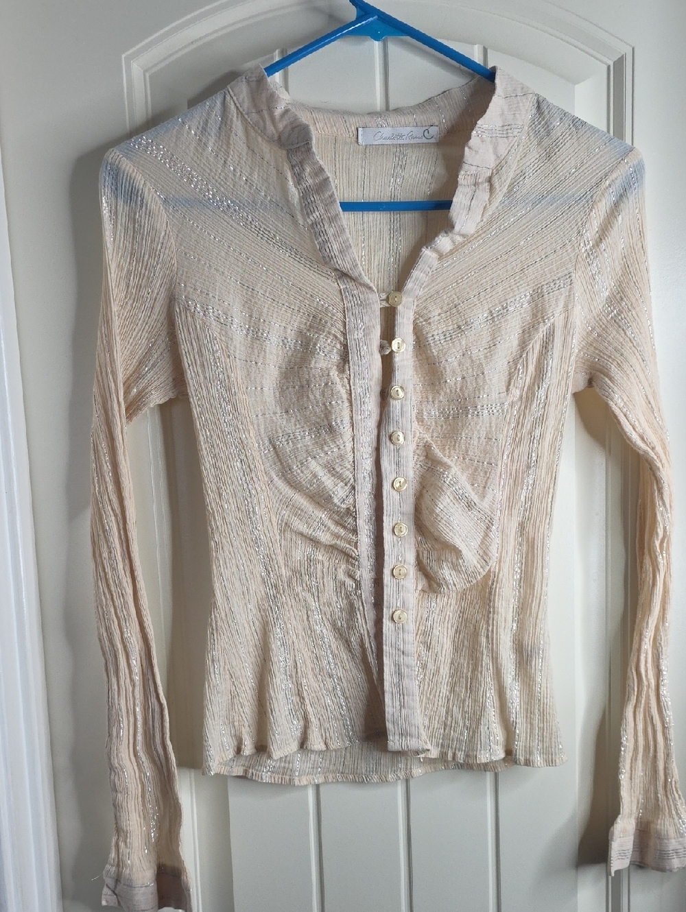 Charlotte Russe Cream Top with Silver Metallic Stripes